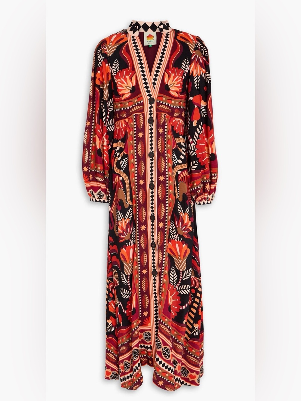 Farm Rio Red Nature Beauty Long Sleeve Red Orange Maxi Dress Sz S